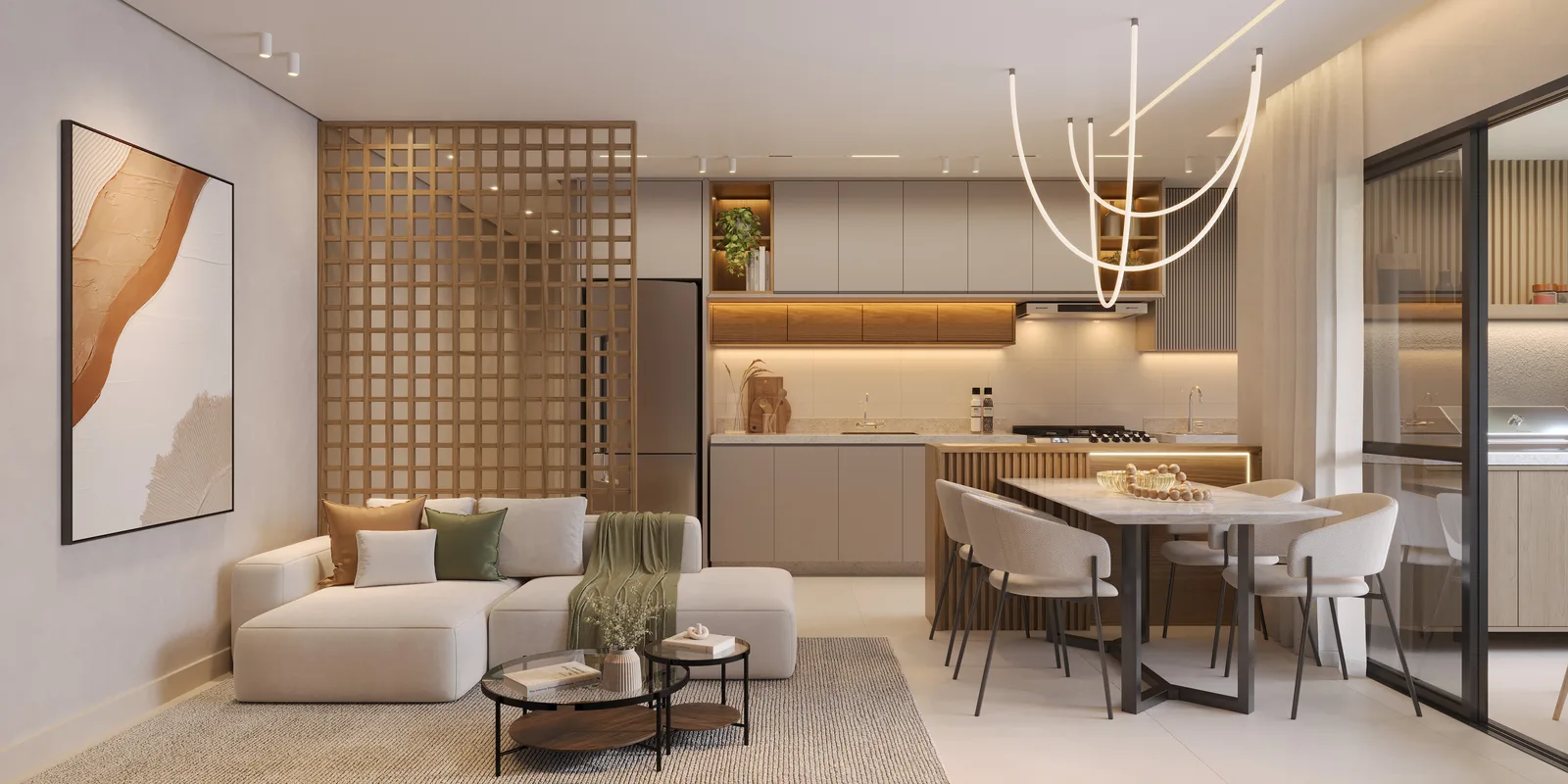 Sala, cozinha e varanda integradas